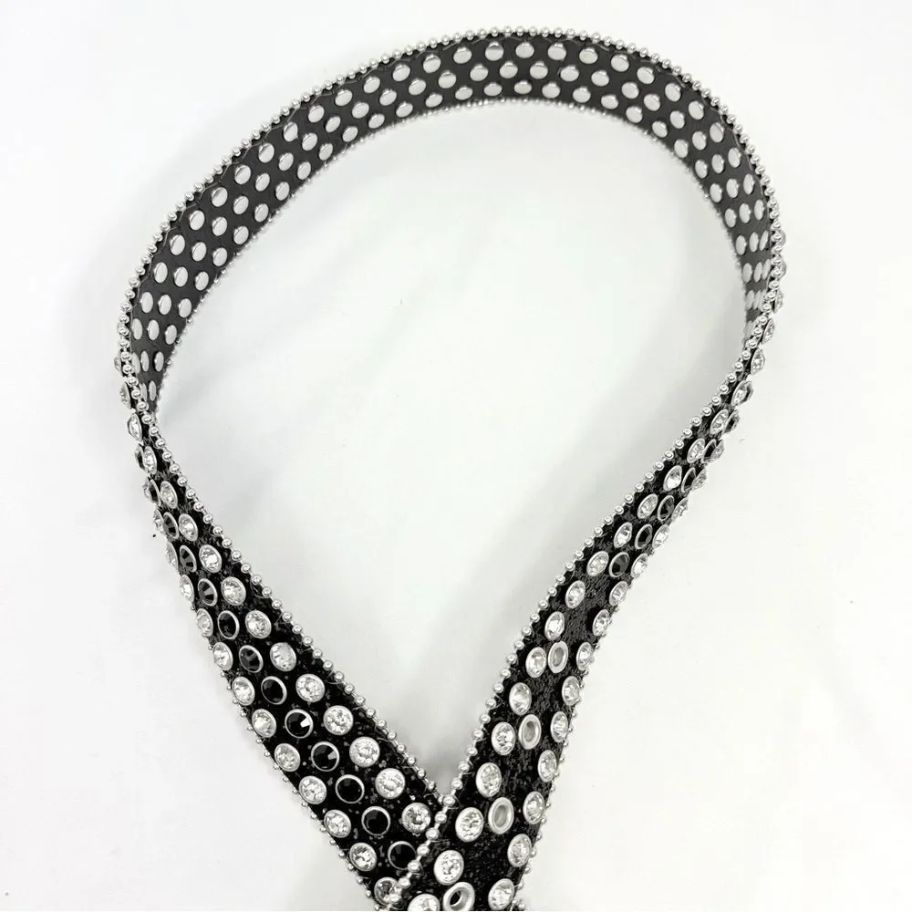 Western Rhinestone Studded Black Glitter Leather Glam Belt with Metal Buckle